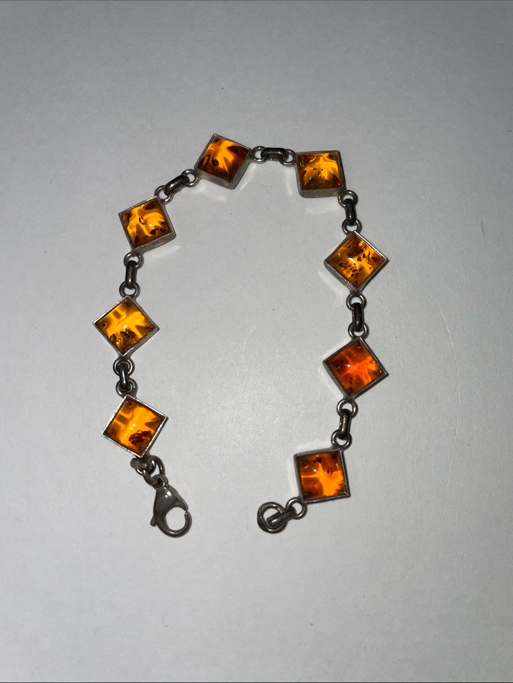 Vintage Baltic Sterling .925 Silver Orange Amber Link Bracelet. 7.25” - Picture 1 of 5
